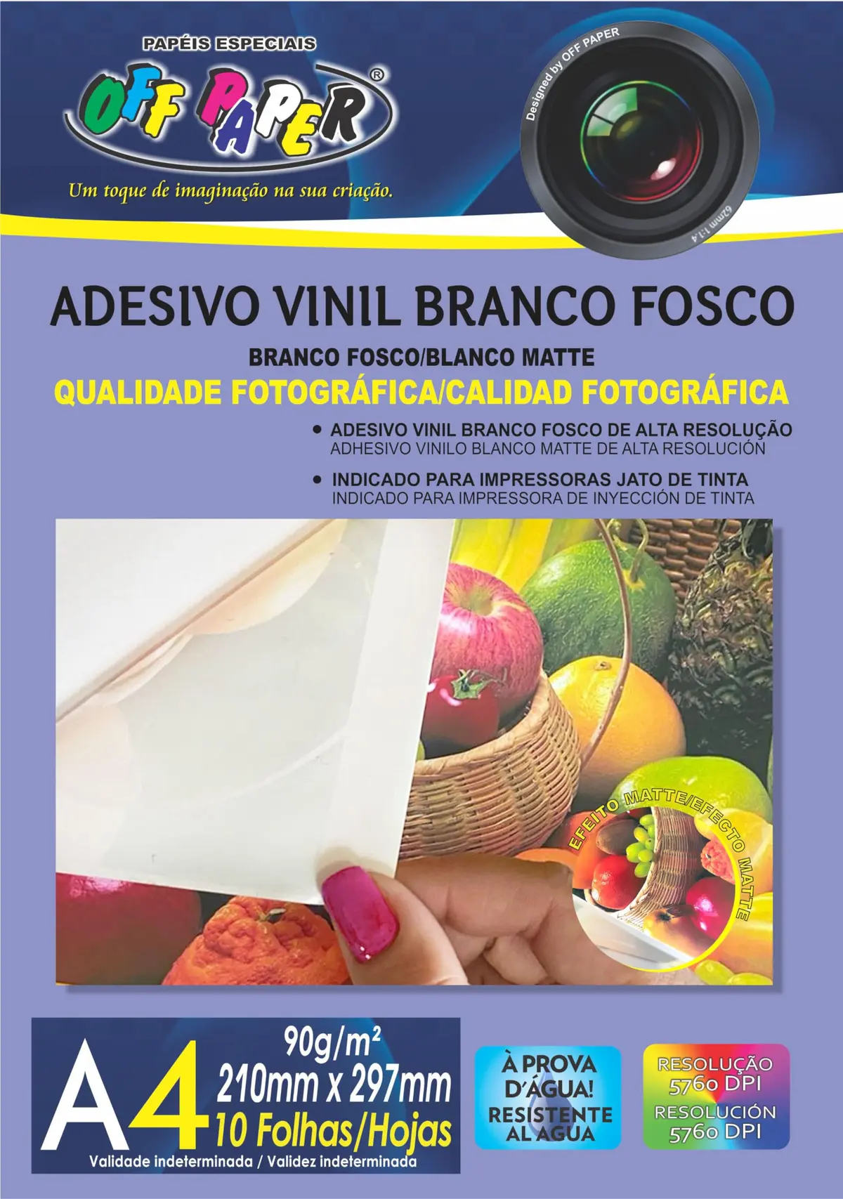 Adesivo Vinil Fosco Branco 90g, formato A4, pct com 10 fls, 10582