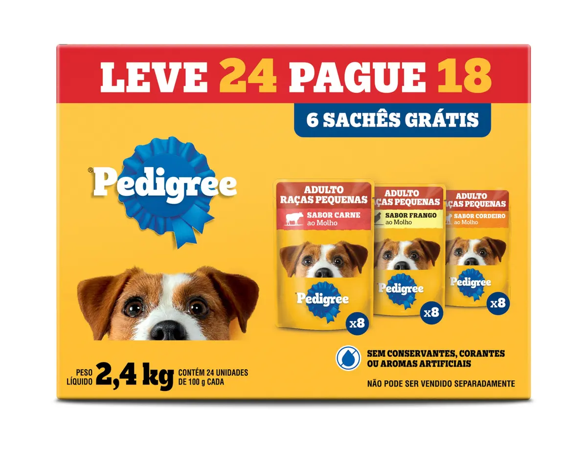 Pack Ração Úmida Pedigree Sachê Carne/Frango/Cordeiro para Cães Adultos de Raças Pequenas - Leve 24 Pague 18