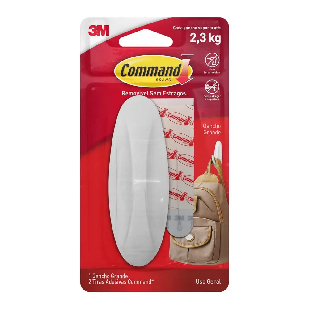 COMMAND 3M Gancho Removível Adesivo Grande Branco 1 Unidade | Suporta Até 2,3 kg, Sem Furos ou Pregos na Parede, Ideal para Organizar e Pendurar Objetos, Fácil de Aplicar e Remover