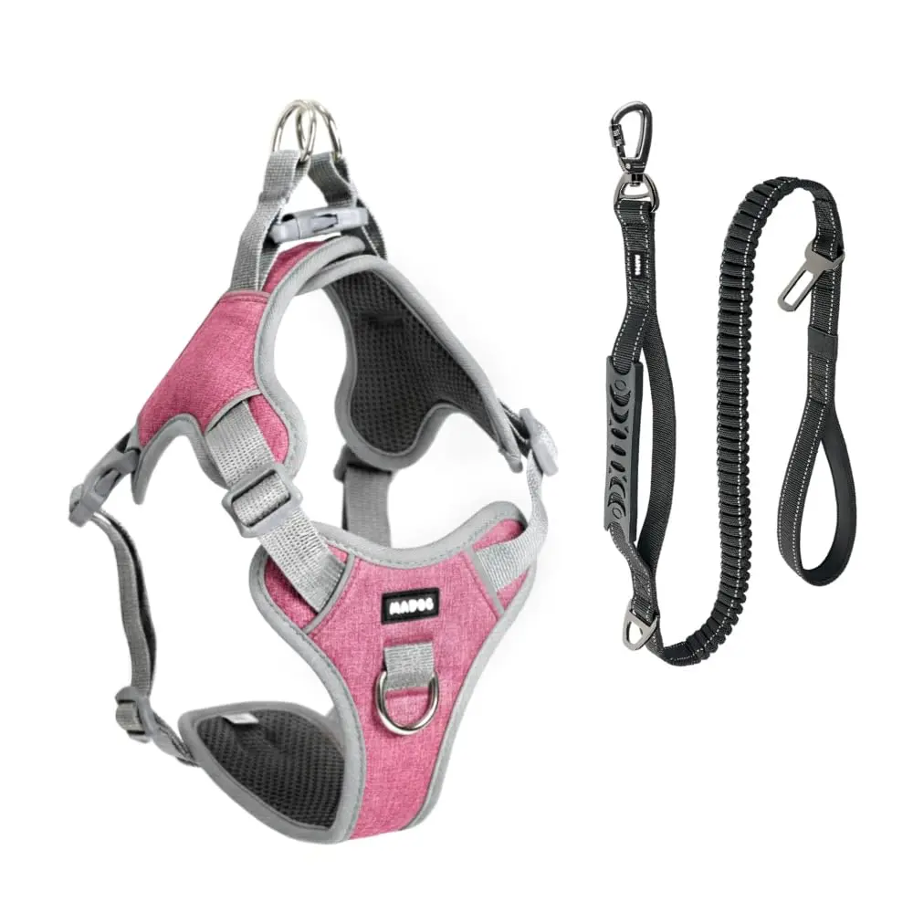 Coleira Peitoral e Guia Antipuxão com Cinto de Segurança Pet Cachorro MADOG Comfort (Rosa, M)