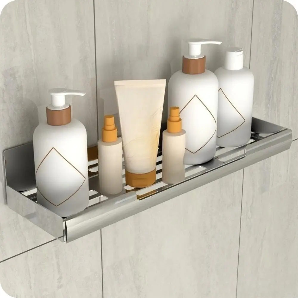 Porta Shampoo Adesivo Inox 25cm Sem Furo Parede Banheiro | Porta shampoo em aço inox com fixação adesiva para organizar o banheiro sem furar.