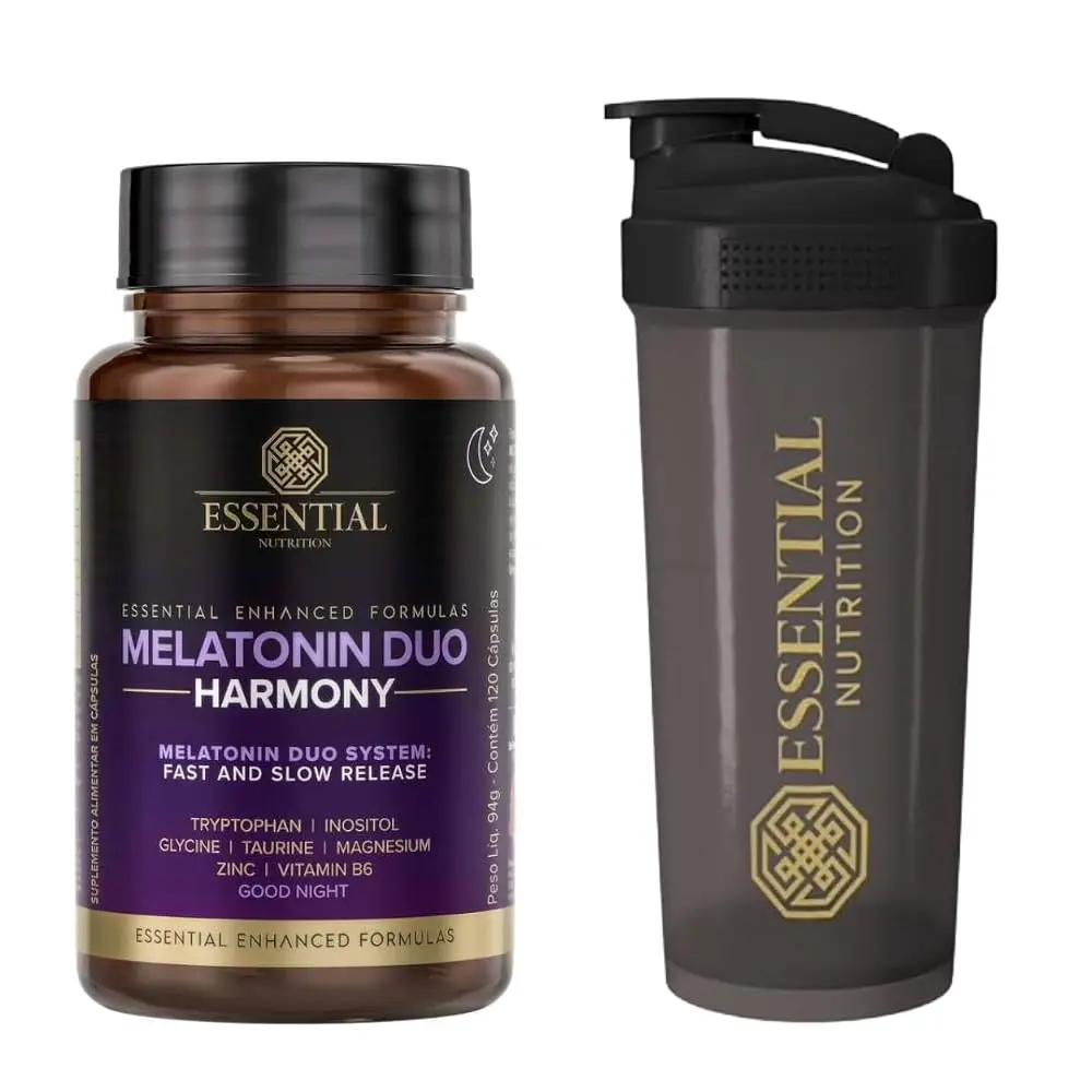 Combo Essential Nutrition - Melatonina Duo Harmony - 120 Cápsulas cada (Fórmula c/Triptofano, Vitamina B6, Zinco, Magnésio, Taurina, Inositol) + Coqueteleira