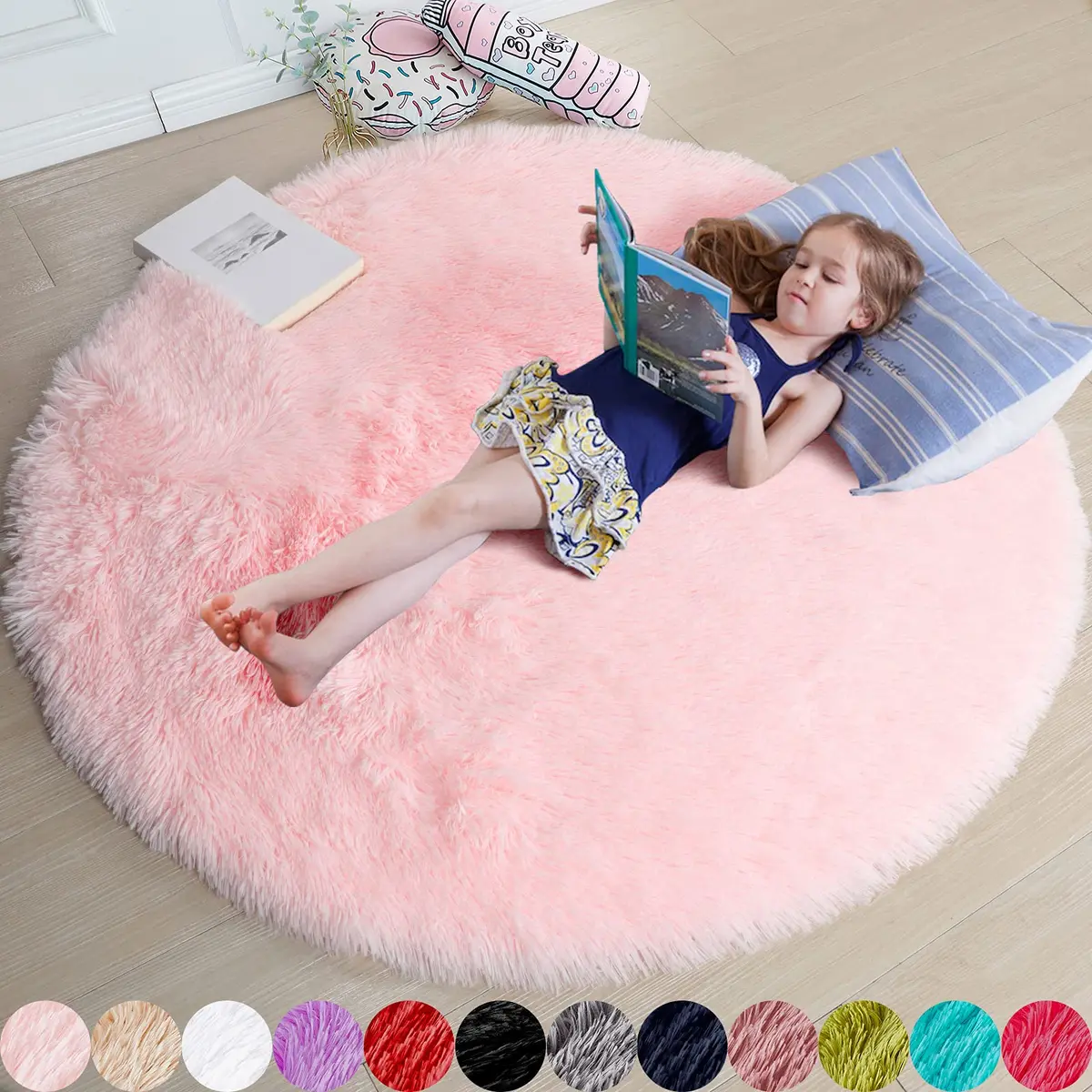 Tapete redondo rosa para quarto de meninas, tapete circular fofo 4'X4' para quarto de criancas, tapete peludo para quarto de meninas adolescentes, tapete circular desgrenhado para quarto de bebe, tapete de pelucia felpudo para dormitorio, decoracao de qua