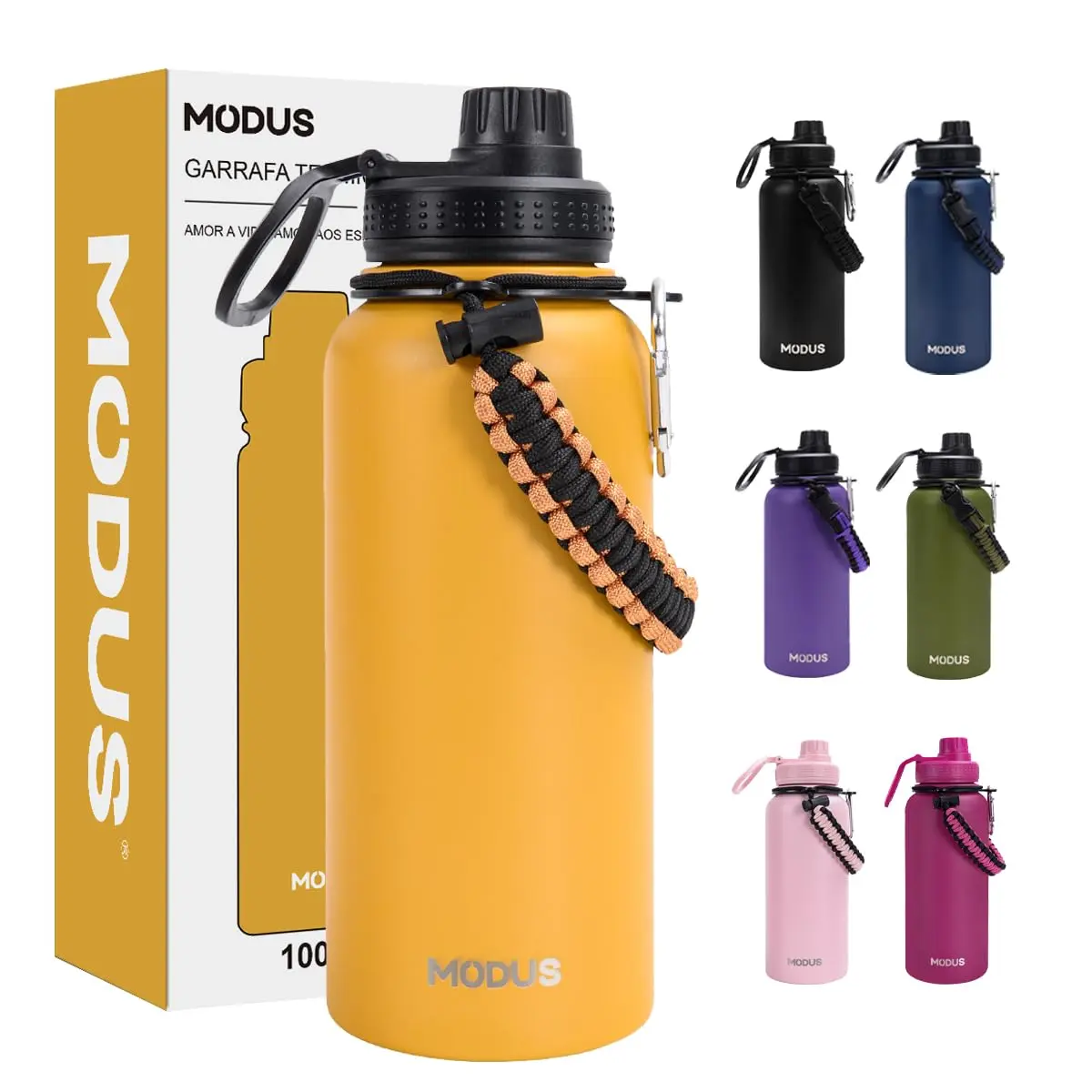 950mL Garrafa Térmica Aço Inoxidável Com Alça Paracord (Laranja) - 1