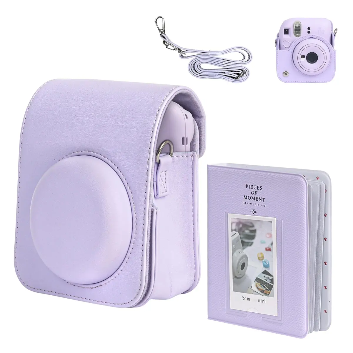 Estojo Protetor para Câmera Instantânea Mini 12, com álbum de 64 bolsos para fotos, Capa de Bolsa de Couro PU Premium Com Alça de Ombro Ajustável Removível, Estojo Fofo para Câmera Instantânea