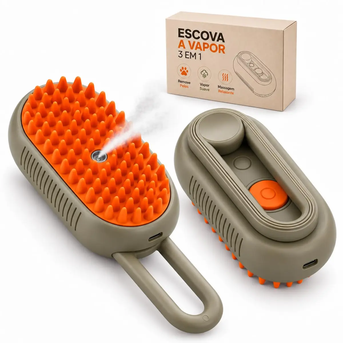 Escova Pet Elétrica 3 em 1 com Vapor Recarregável para Cães e Gatos – Removedor de Pelos, Escova Massageadora e Hidratante, Limpeza Fácil, Ideal para Todos os Tipos de Pelagem