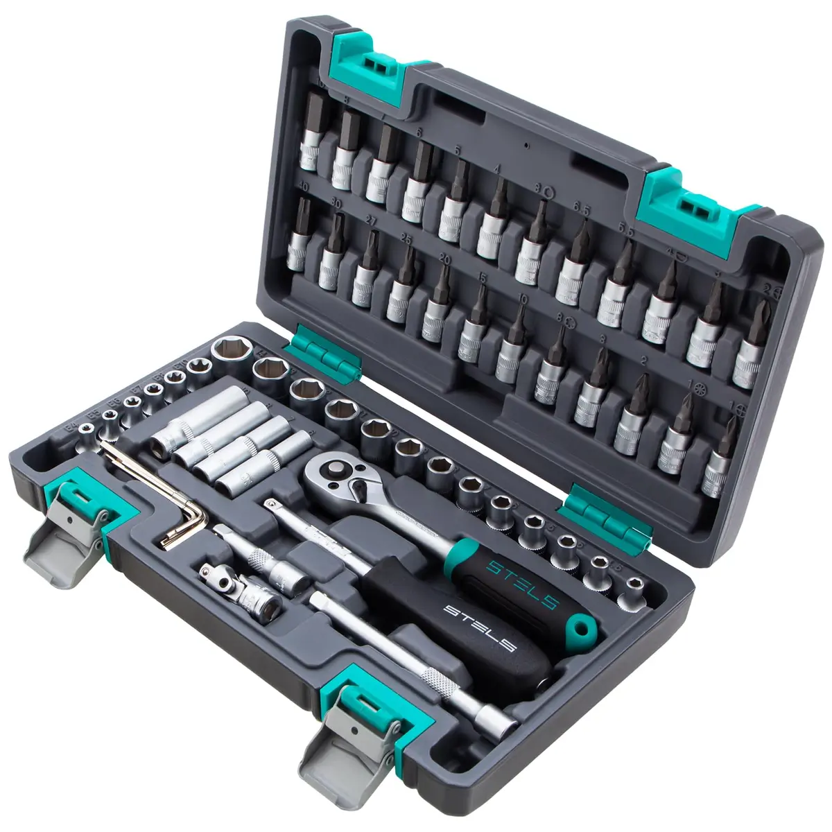 Stels Jogo de Ferramentas 57 Peças 1/4" - Aço Cromo Vanádio - Catraca 72 Dentes + Acessórios - Caixa Plástica Resistente - Ideal para Mecânica e Reparos Domésticos