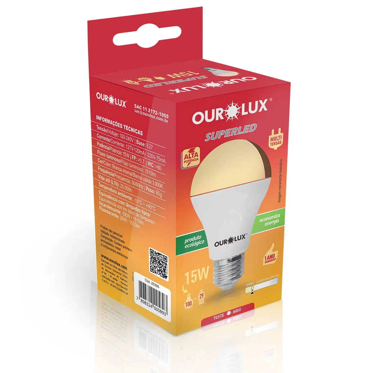 Lâmpada SUPERLED Alta Potência E27 15W Bivolt 3000K OUROLUX