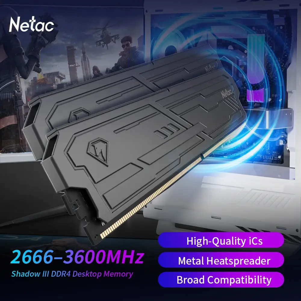 Memória RAM Netac Shadow II DDR4 3200MHz 3600MHz 8G 16G 8Gx2 16Gx2 com Dissipador de Calor XMP2.0, ICs de Alta Qualidade para Computadores Gamer