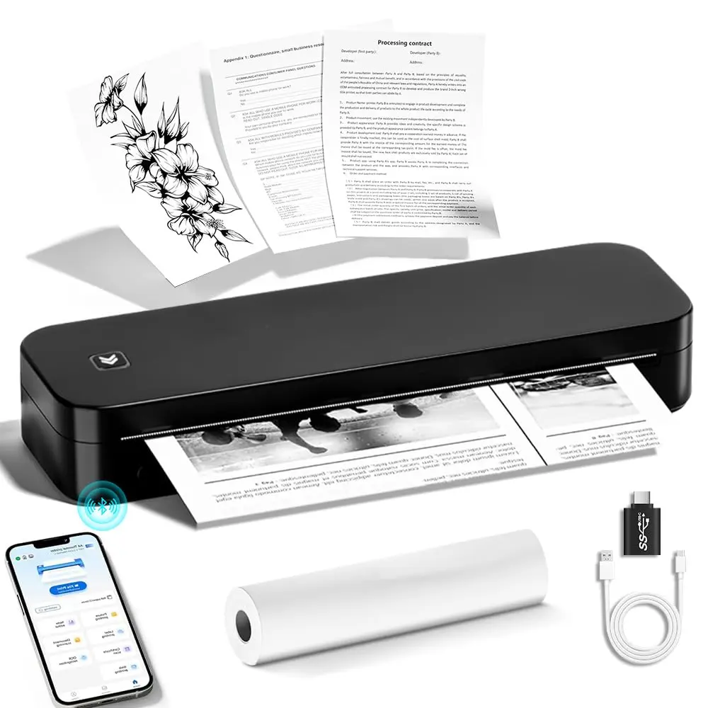 Impressora de Tatuagem Portátil, Impressora de Estêncil de Transferência, Impressora de Estêncil de Tatuagem, Impressora Portátil Compatível com Android, IOS, PC, Impressora A4 Portátil
