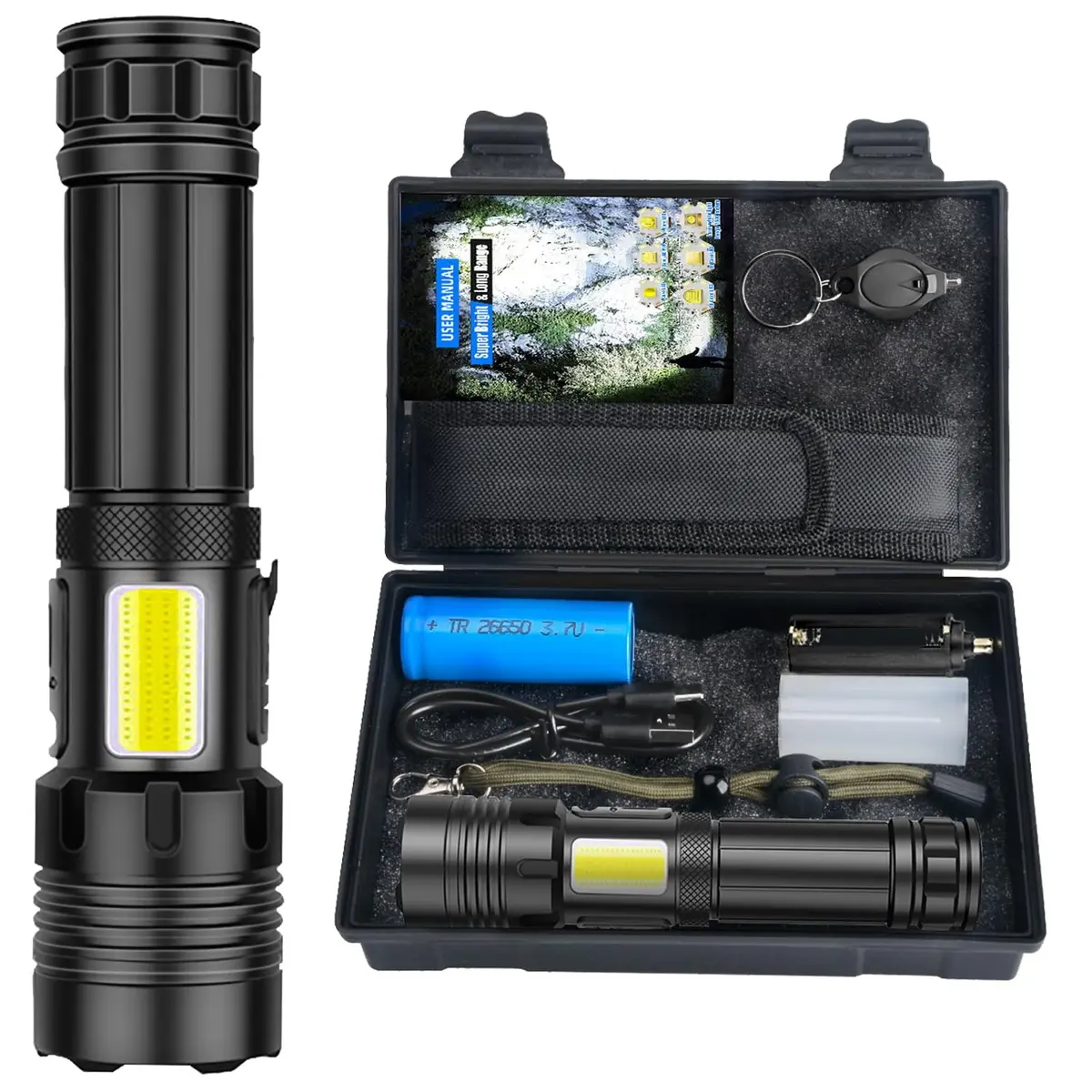 Lanterna Tatica Militar, Lanterna Led Recarregável 10000 Lúmen, com 7 Modos, XHP90.2 Chip e Zoom, Lanterna Potente de Longo Alcance, Acessorios para Acampamento, Pesca, Caminhada, Camping