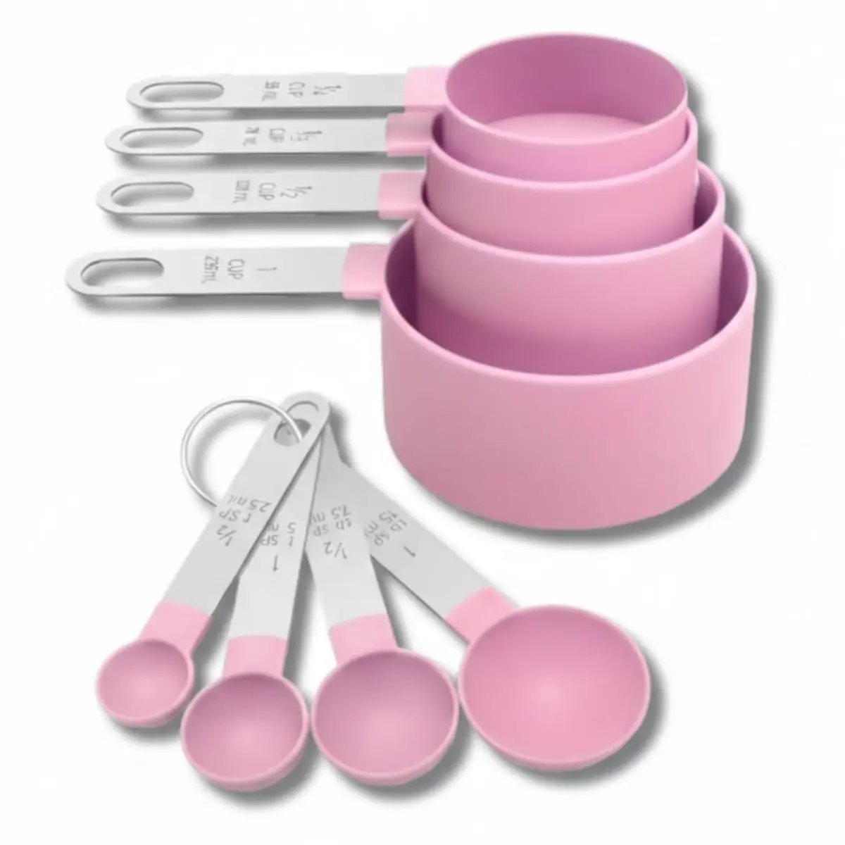 Kit de Medidores para Cozinha, 8 Peças, Colheres e Copos Dosadores, Aço Inox e Plástico (ROSA)