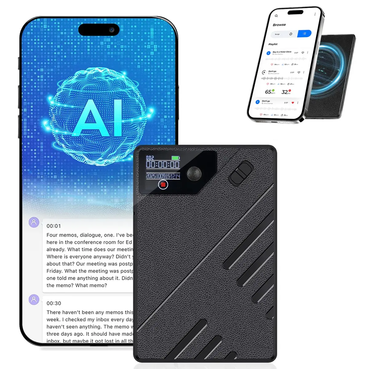 64 GB Gravador de Voz Digital Pequeno com Transcrição de Voz em Texto Ia, Gravador de Áudio com AI, Transcrição e Resumo com Tecnologia de AI, Pode Ser Traduzido em 256 Idiomas, com Bluetooth