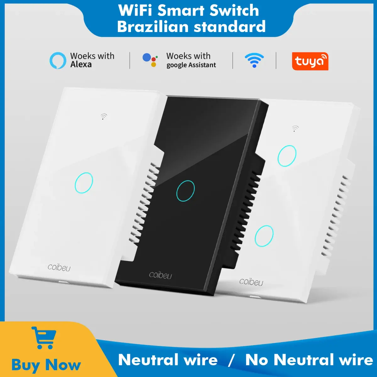 Interruptor WiFi Inteligente 1 Gang Vidro Temperado 16A Controle por Voz Alexa Google Home App Smart Life Necessita Neutro