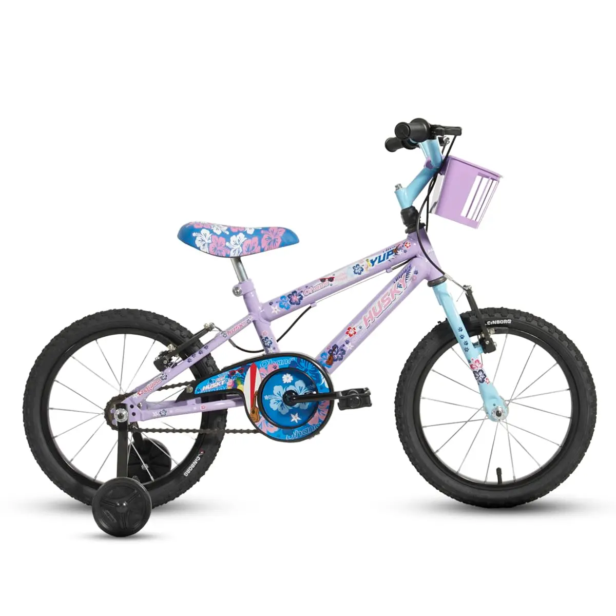 Bicicleta Infantil Aro 16, Lilás e Azul, Quadro em Aço Carbono, com Rodinhas Laterais, Cestinha Frontal Lilo para 4 a 8 Anos Husky