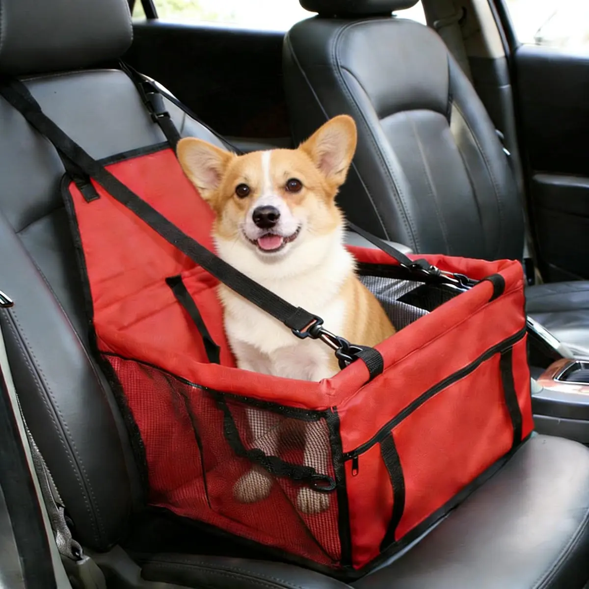 Assento de Carro para Cães Dobrável, Acento Elevado à Prova d'Água e Respirável em Oxford, Inclui Cinto de Segurança para Cães Pequenos e Médios, Filhotes e Outros Pets de até 15kg (Vermelho)