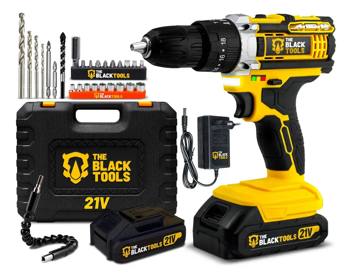 Furadeira Parafusadeira De Impacto 21v Com 2 Baterias Velocidade Ajustável 3/8 10mm Maleta E Acessorios Profissional The Black Tools