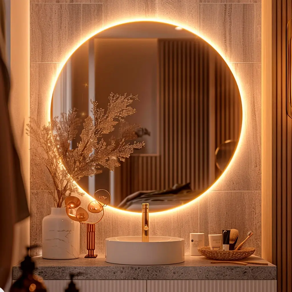 Espelho Decorativo Redondo para Escritório Sala Quarto Banheiro c/ Led 60cm 50cm 40cm 30cm + Suporte - 1