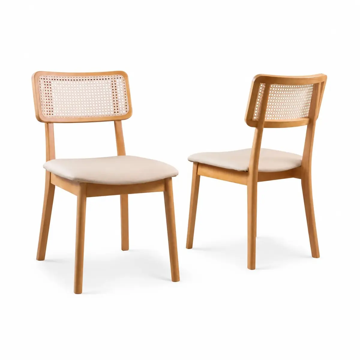 Kit 2 Cadeiras de Jantar Madeira Maciça Estofada em Linho Bege Claro Encosto Rattan - November - 1