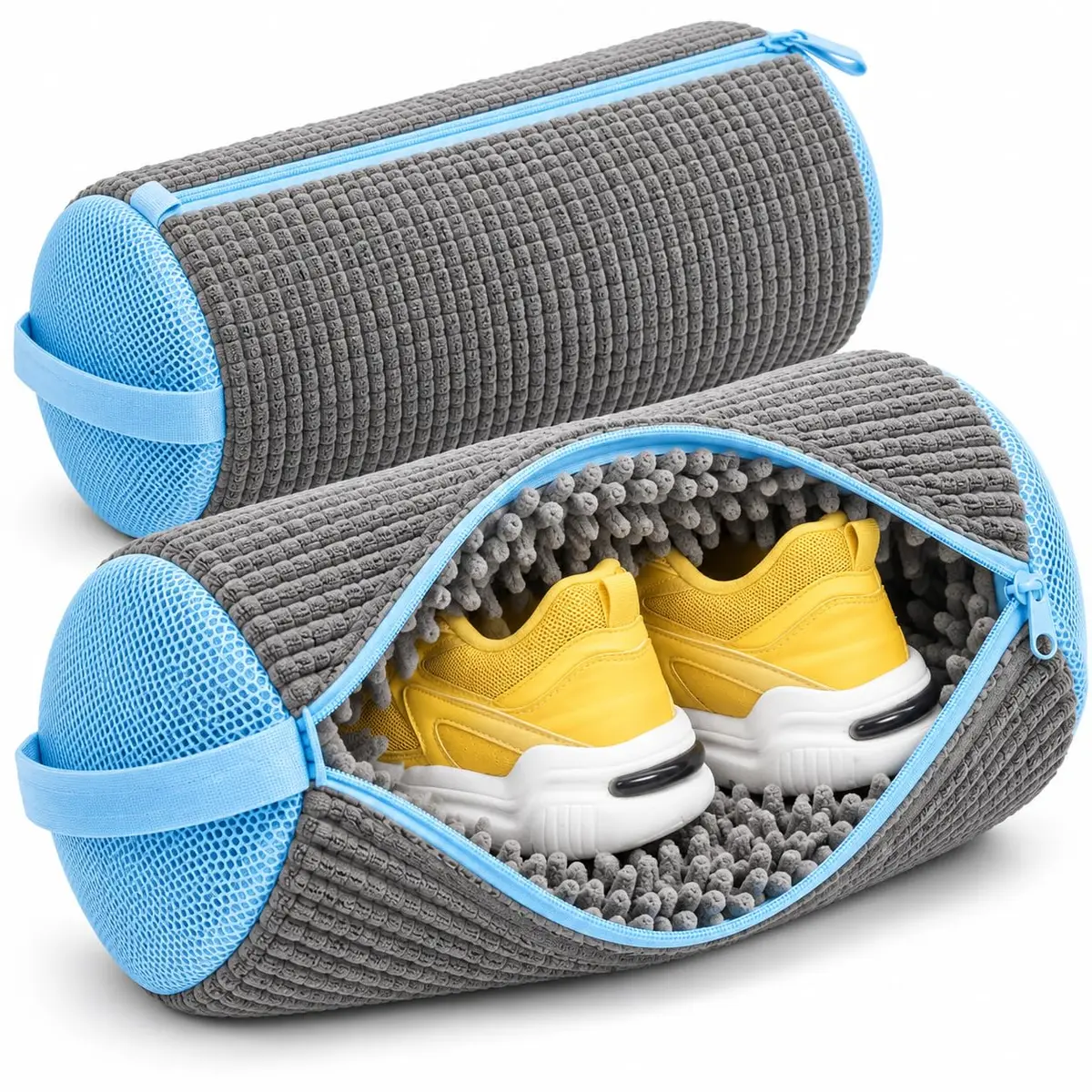 Kit 2 Sacos para Lavar Tênis na Máquina com Chenille Zíper Reforçado Cinza | Proteção acolchoada 360° ajuda a reduzir impactos e atritos no ciclo, com 2 bolsas reutilizáveis para seus calçados.