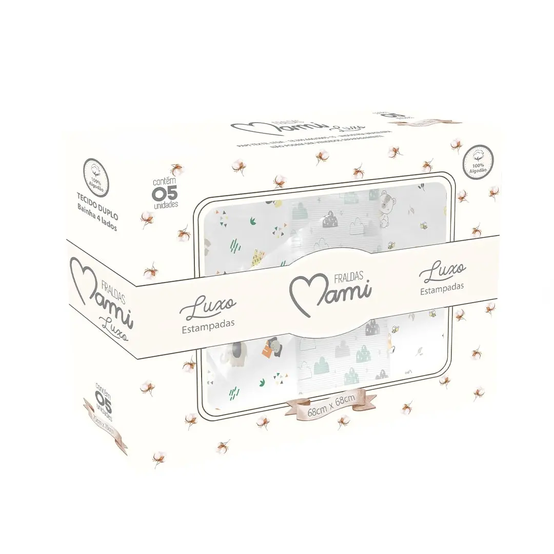 Papi Textil Fralda Luxo Mami c/Bainha Estampada 68x68cm Caixa Contém 05 Un