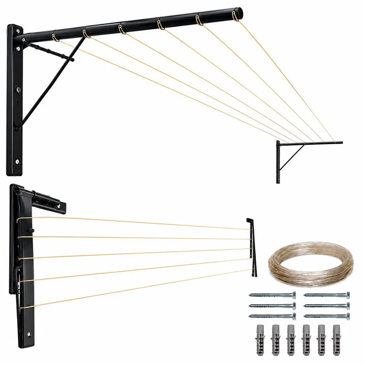 Kit Varal Retrátil Dobrável Aço Reforçado 4m Suporta 90kg Parede Muro Preto | Dobrável e extensível para lavanderia área de serviço varanda corredor quintal apartamento. Inclui montagem fácil