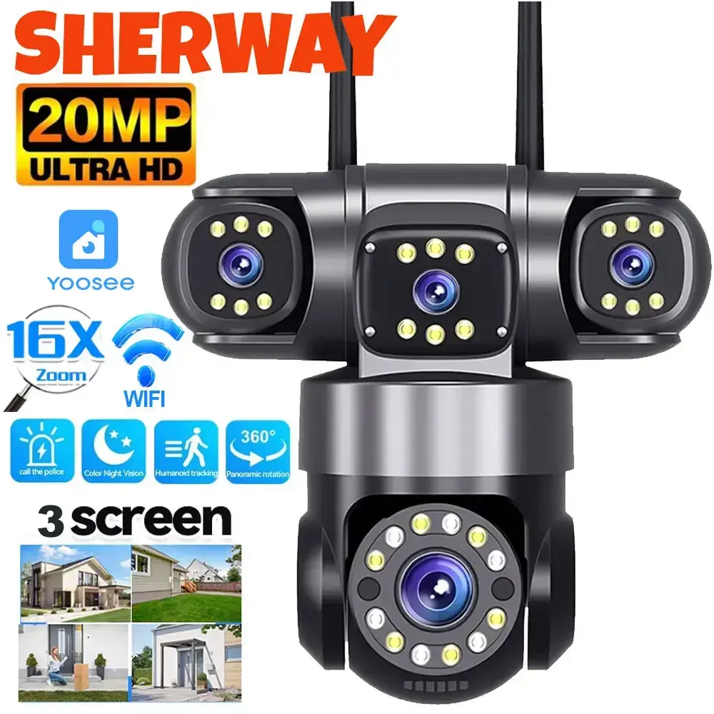 Câmera de Segurança WiFi Externa 10K 20MP com 4 Lentes e 3 Telas 360 ° Câmera PTZ de Vigilância Sem Fio com Zoom de 16X para Proteção de Segurança