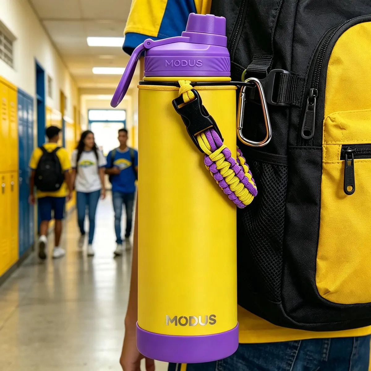 Garrafa Térmica 750ml Aço Inox com Vacuo, Alça Paracord | Capa Antichoque Removível - Ideal para Academia Camping ou no Dia a Dia (Amarelo)
