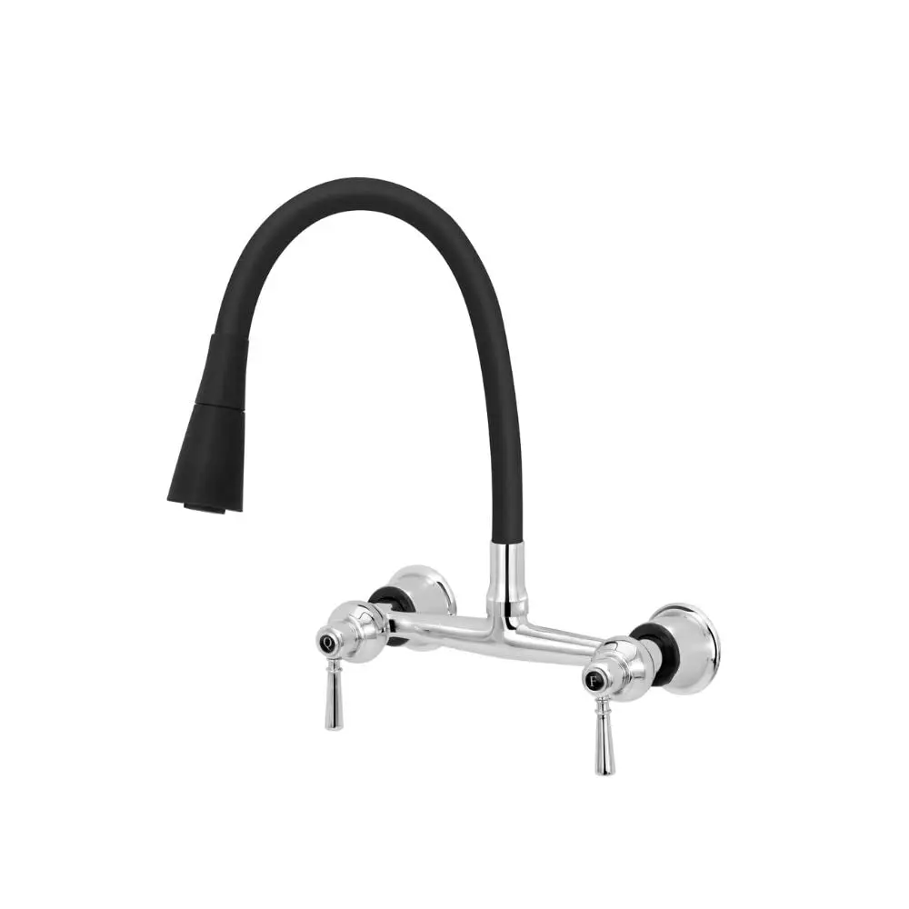 Torneira Misturador Gourmet Preto Flexível Cozinha Parede | Bica giratória em aço inoxidável com mecanismo cerâmico aerador duplo jato chuveirinho