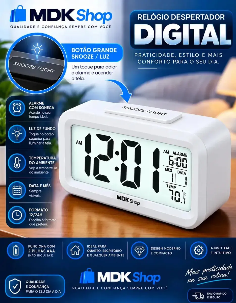 Relógio Digital Mesa Despertador Inteligente Cabeceira Quarto Idoso Com Sensor De Temperatura Micgeek thumbnail 2