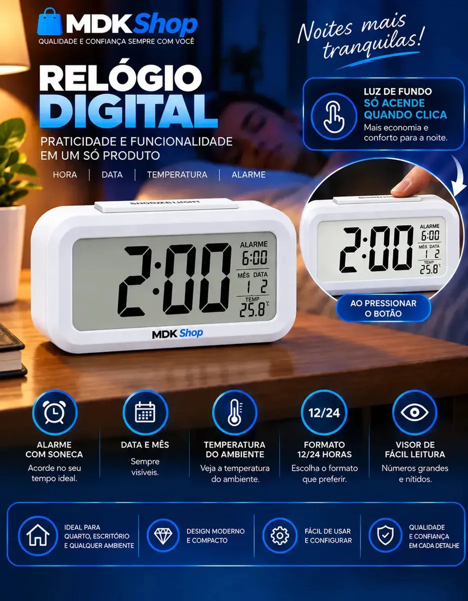 Relógio Digital Mesa Despertador Inteligente Cabeceira Quarto Idoso Com Sensor De Temperatura Micgeek thumbnail 3