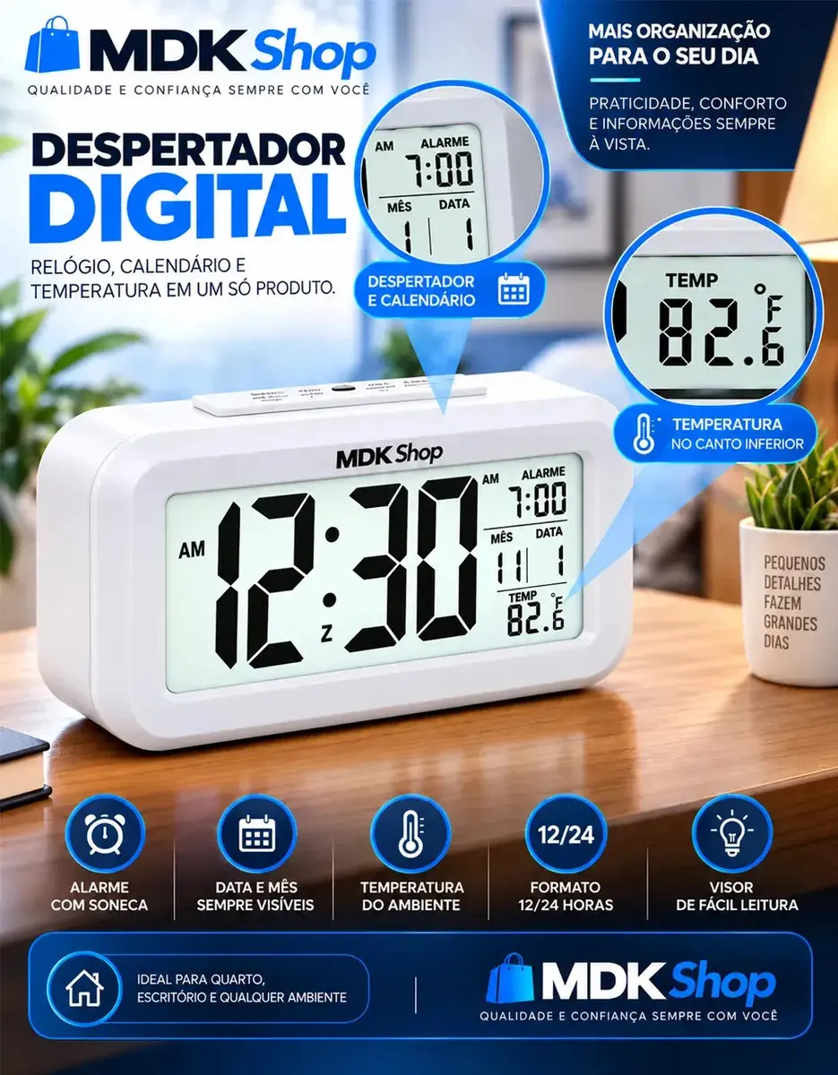 Relógio Digital Mesa Despertador Inteligente Cabeceira Quarto Idoso Com Sensor De Temperatura Micgeek thumbnail 4