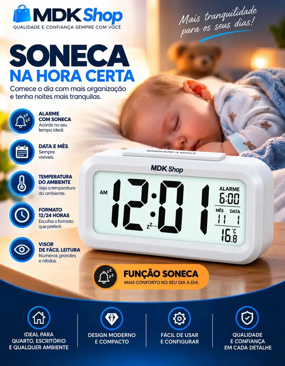 Relógio Digital Mesa Despertador Inteligente Cabeceira Quarto Idoso Com Sensor De Temperatura Micgeek thumbnail 5