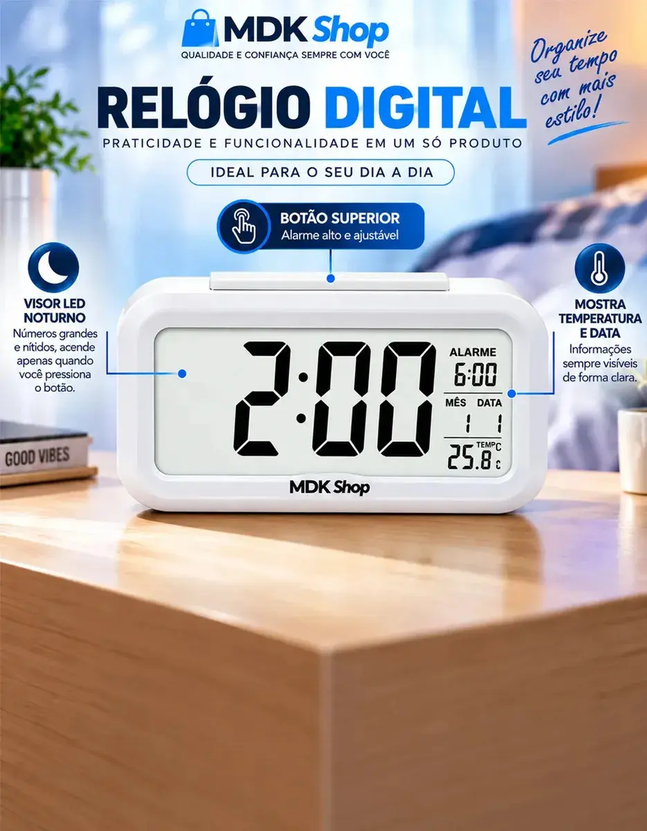 Relógio Digital Mesa Despertador Inteligente Cabeceira Quarto Idoso Com Sensor De Temperatura Micgeek thumbnail 7