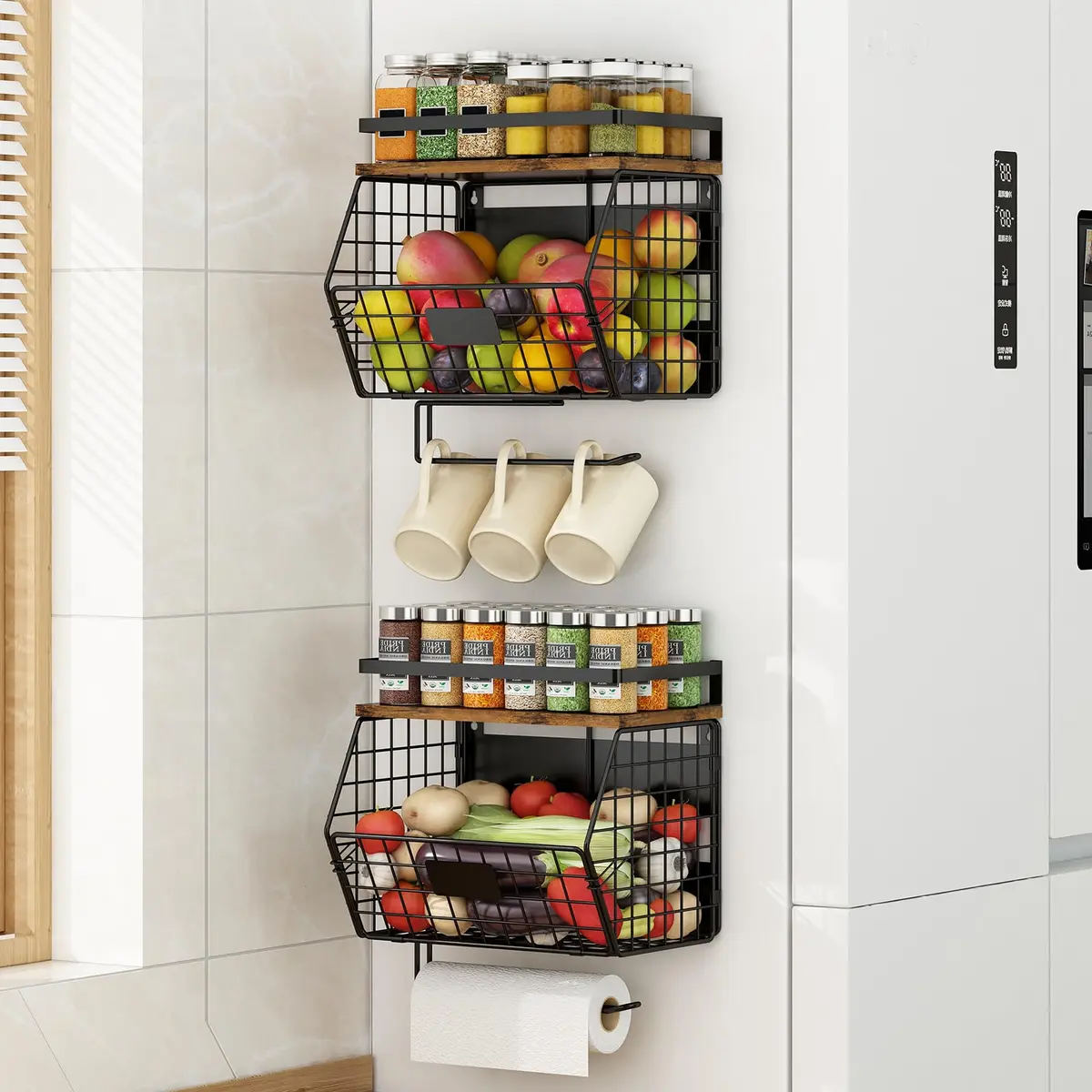Fruteira Magnética para Geladeira Kit 2 Peças, Organizador de Cozinha | Cesta Aramada Frutas, Suporte de Temperos com Suporte para Papel Toalha, Armazenamento de Alimentos para Lateral da Geladeira