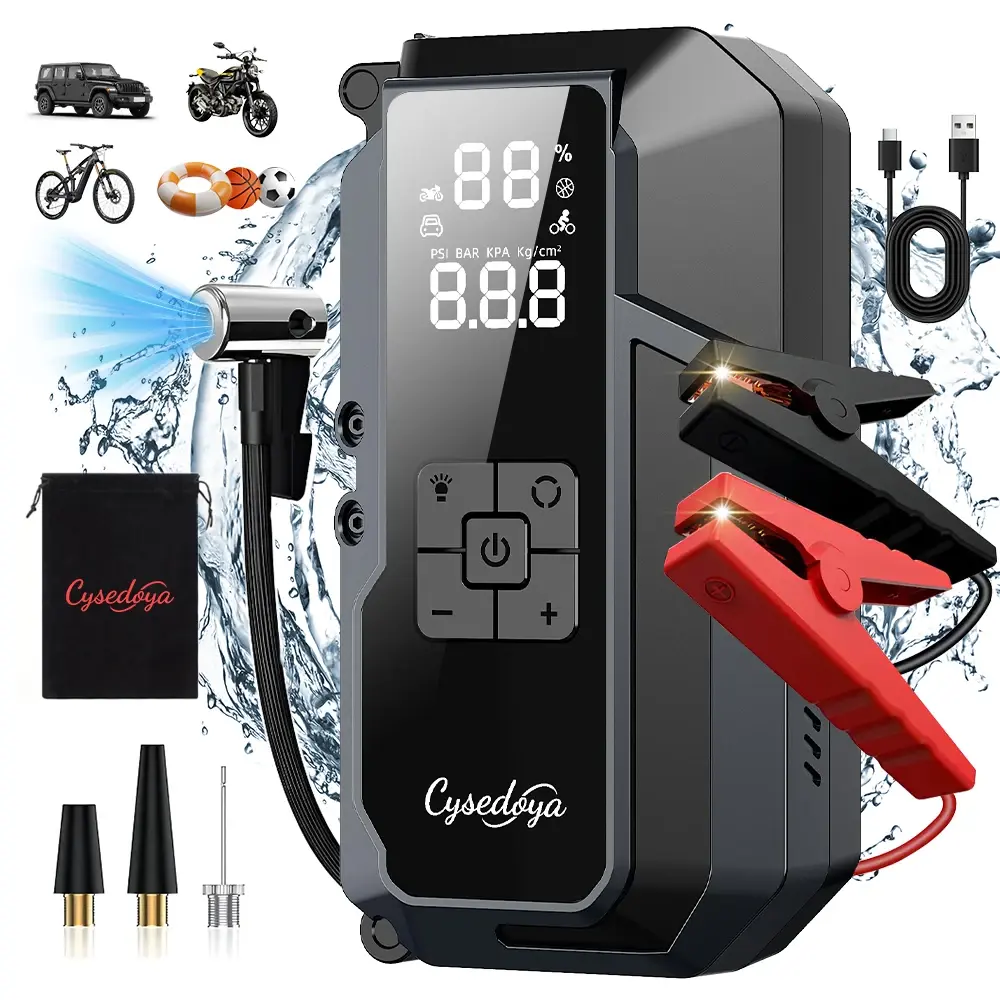 5 em 1 Auxiliar de Partida e Compressor Portátil 150 PSI, Jump Starter, Carregador de Bateria e Lanterna LED SOS