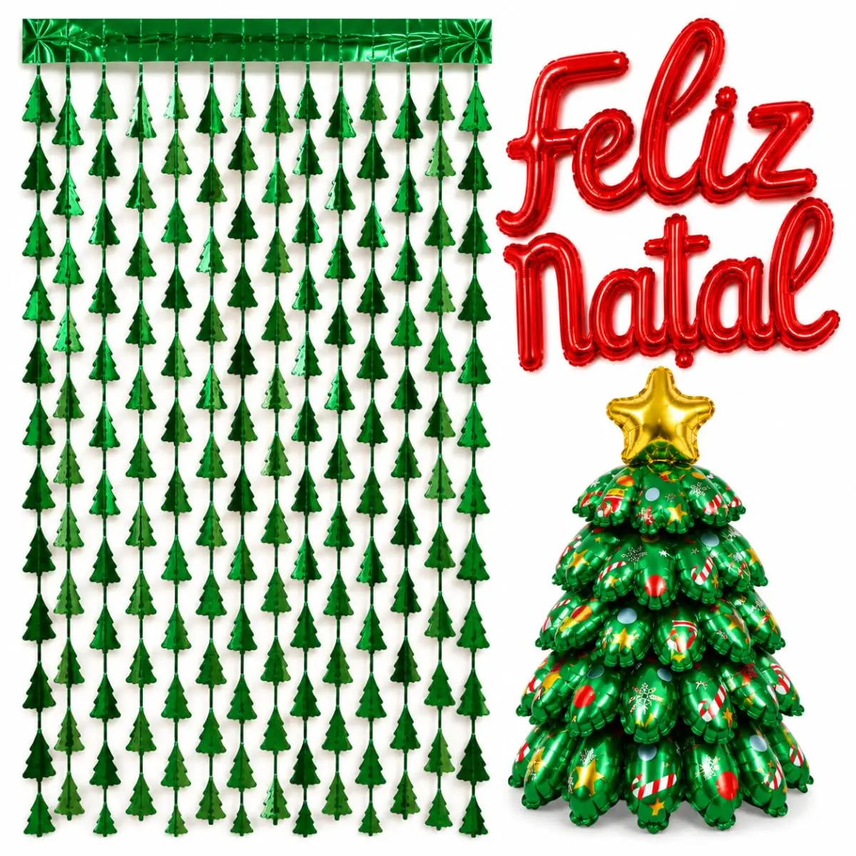 Kit Natal Cortina 2x1m Balões Feliz Natal e Árvore 16 Polegadas | Kit com cortina, balão frase e árvore 3D para montagem completa