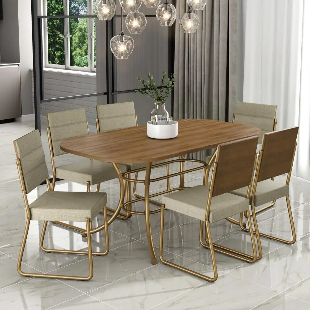 Conjunto Sala de Jantar Mesa e 6 Cadeiras Fênix Carraro (Dourada) - 1