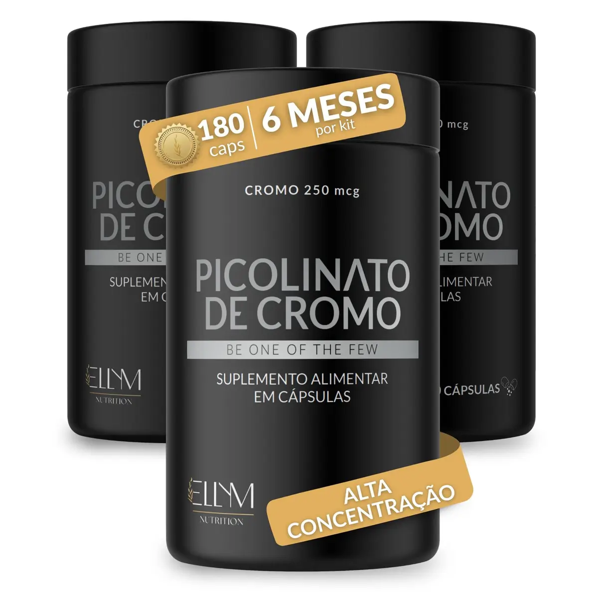 Picolinato de Cromo 250mcg Puro Concentrado 180 Caps 6Meses ELLYM NUTRITION | Alto teor cromo auxilia metabolismo proteinas carboidratos gorduras forma organica biodisponivel dose diaria sem sabor