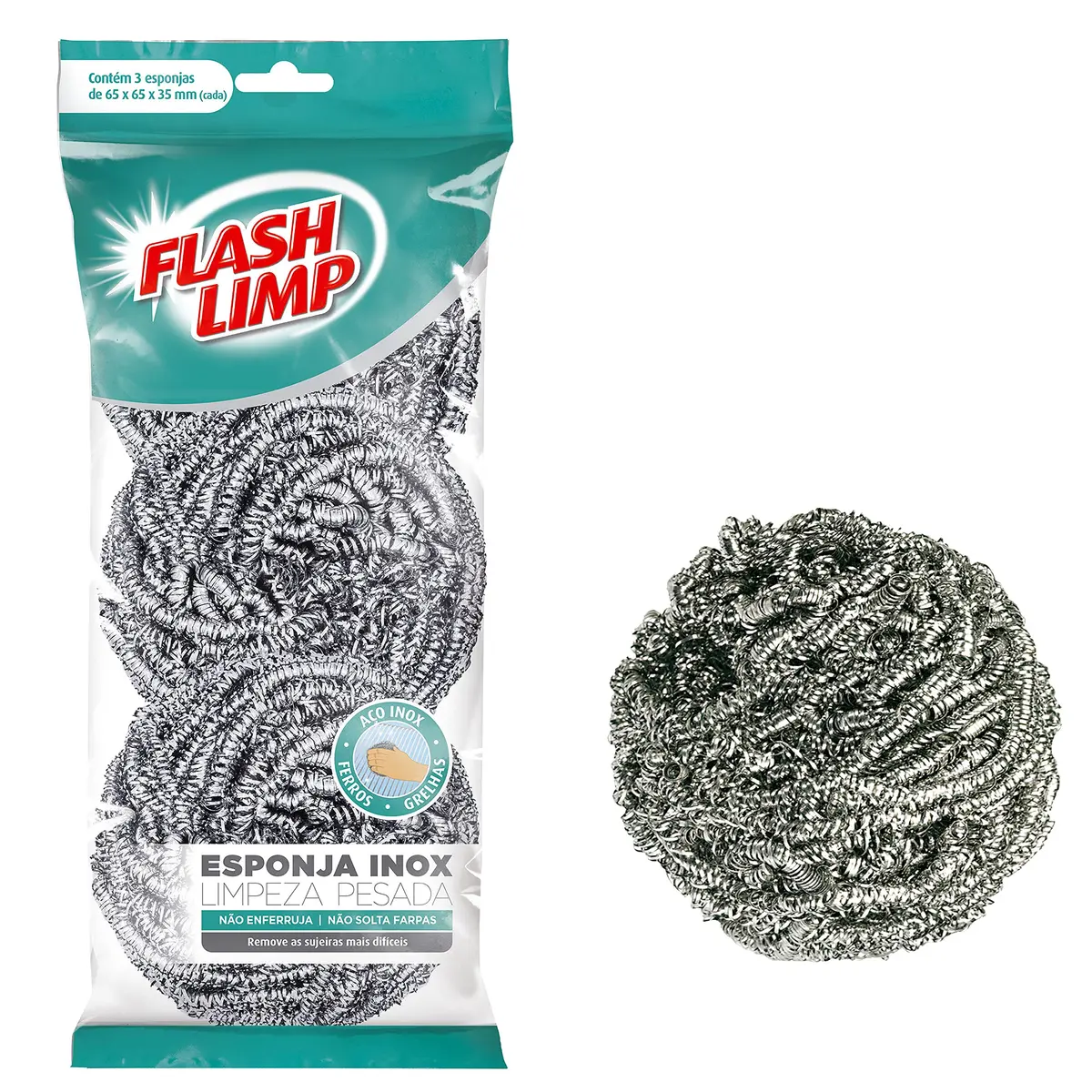 Esponja de Aço Inox Flash Limp, Pack com 3 Unidades | Limpeza Pesada, Para Ferro e Grelha