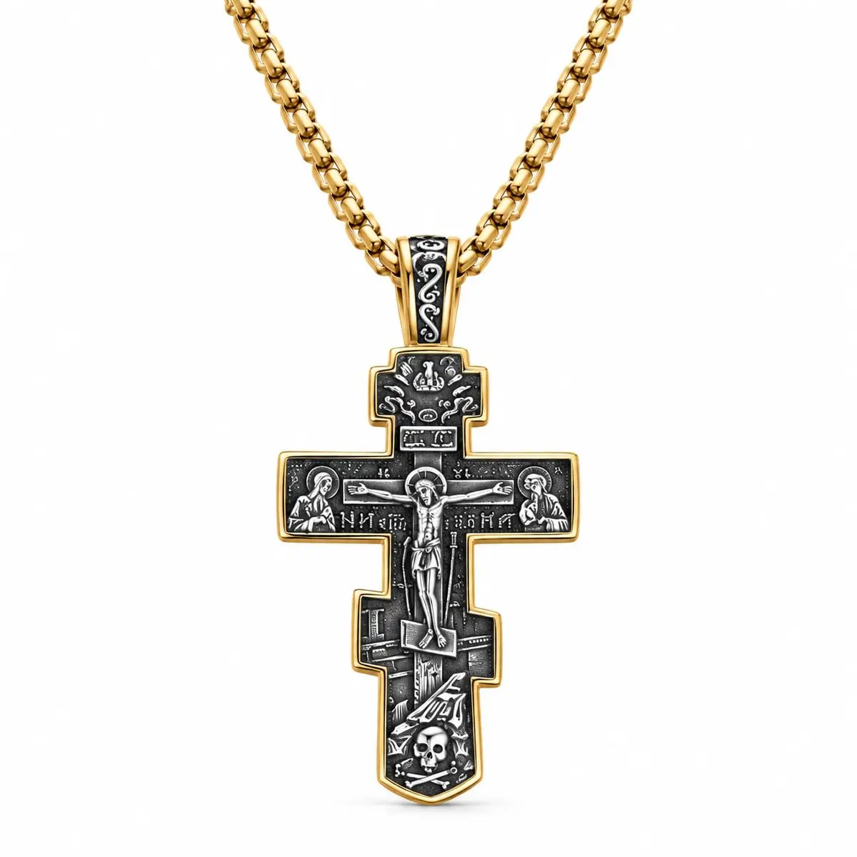 Colar Cruz Bizantina Unissex em Aço Inoxidável - Dupla Face com Crucifixo Gravado em Relevo