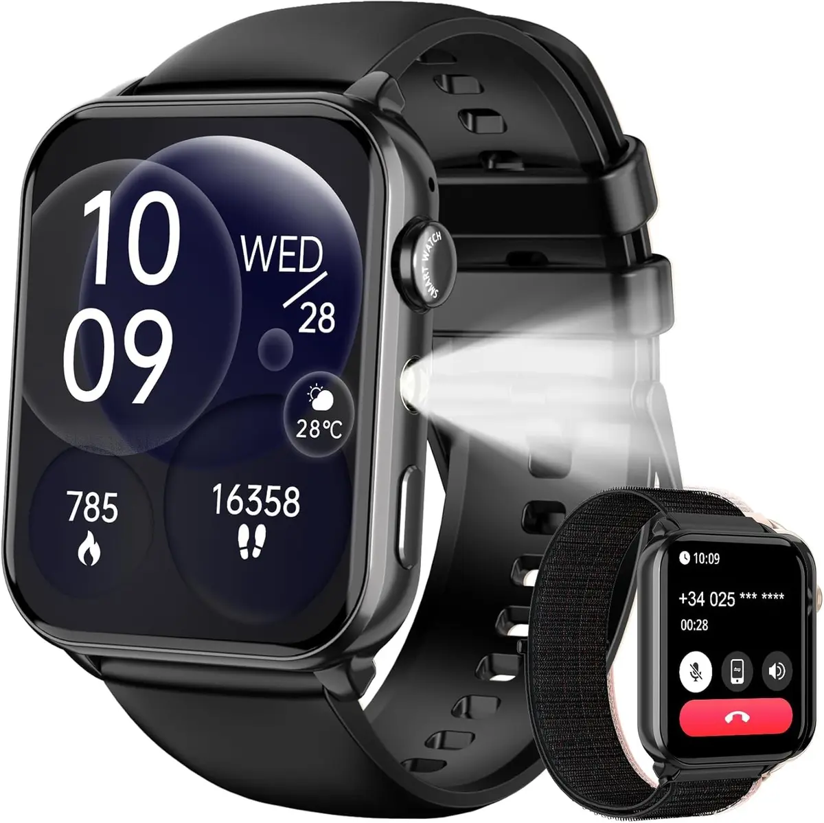 Smartwatch Feminino Masculino 1.91" com Luz LED - Tela Full Touch, 100+ Modos Esportivos, Chamadas Bluetooth, Assistente de Voz, Compatível iOS/Android, 2 Pulseiras (Preto)