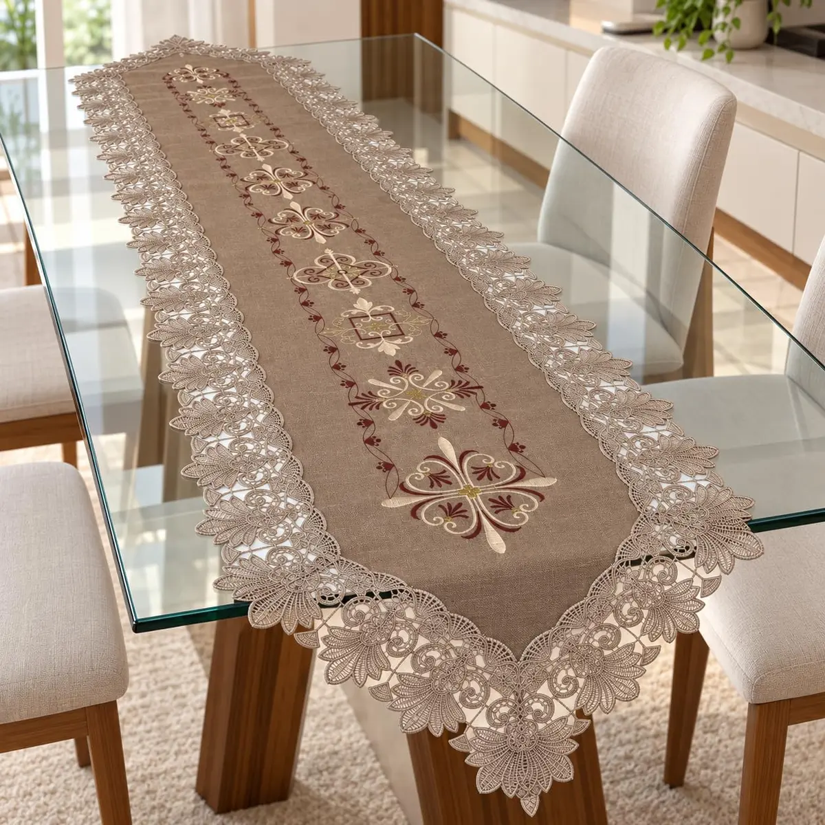 Caminho de Mesa 40x180cm em linho premium e Renda Guipir, Passadeira Bordada para Mesa Posta, Sala jantar e Cozinha, Marrom - 1