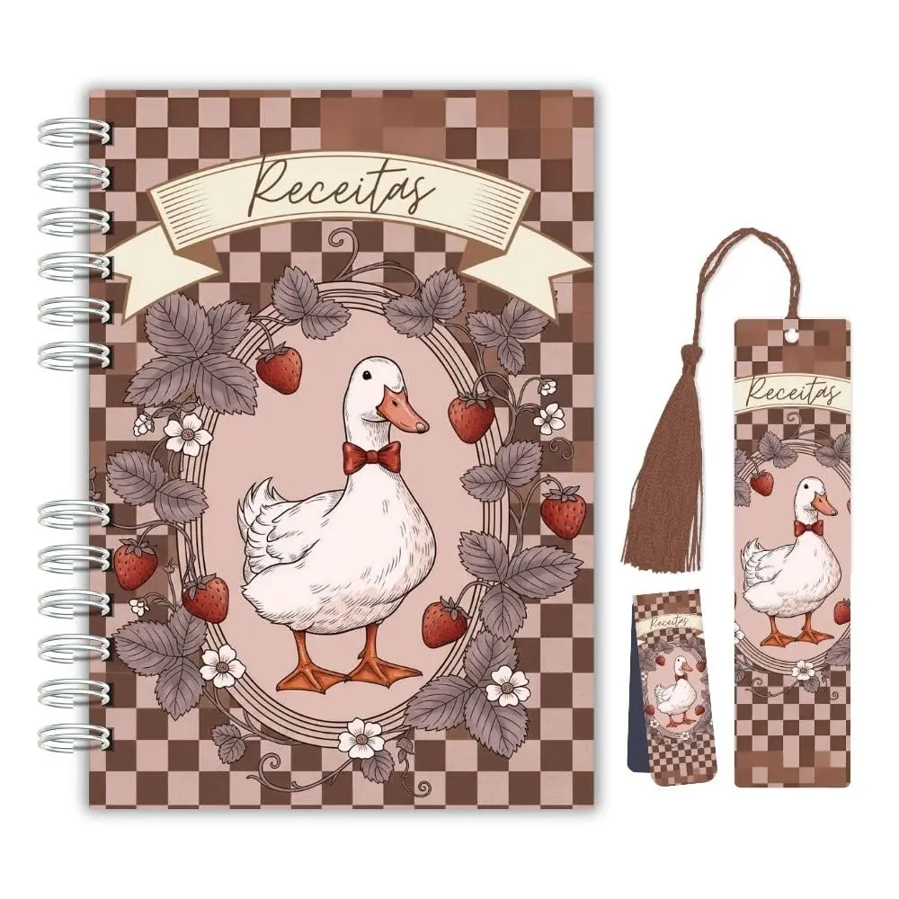 Caderno de Receitas Cottagecore Aquarela Vintage A5 Capa Dura Wire-O com Elástico - 174 Páginas | Acompanha Marcadores de Página com Tassel e Magnético (Pato Vintage)