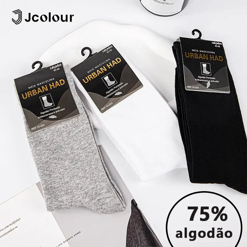 6 Pares,Meias médias com 75% de algodão, Meias de algodão masculinas, Meias de cor sólida com ação antibacteriana e antiodor