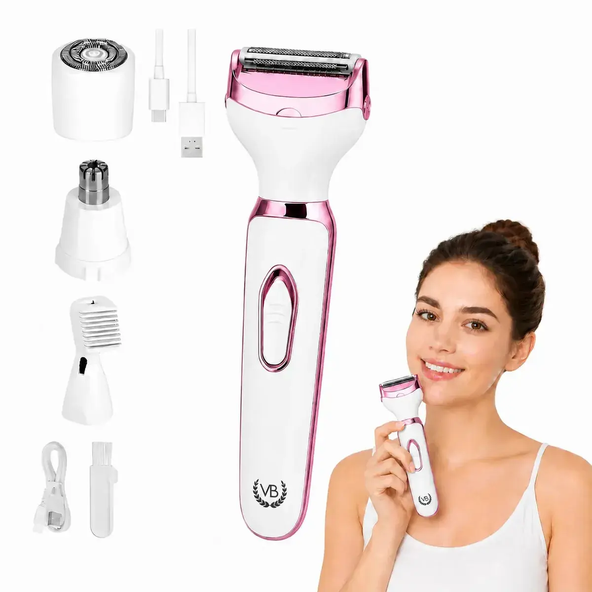 Depilador Elétrico Feminino e Masculino Indolor 4 Em 1 Corporal Recarregável USB Aparador Íntimo Removedor de Pelos Facial Nariz Orelha Sobrancelha Sem Dor Portátil Multifuncional VETKA BEAUTY - 1