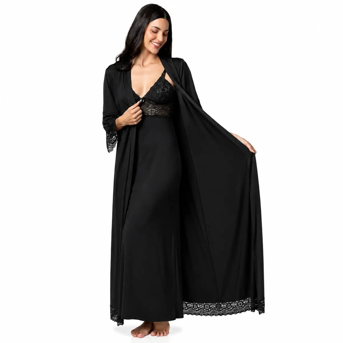 Kit Robe Roupão Noiva com Camisola Longa Amamentação Gestante Maternidade Luxo Conforto Elegante
