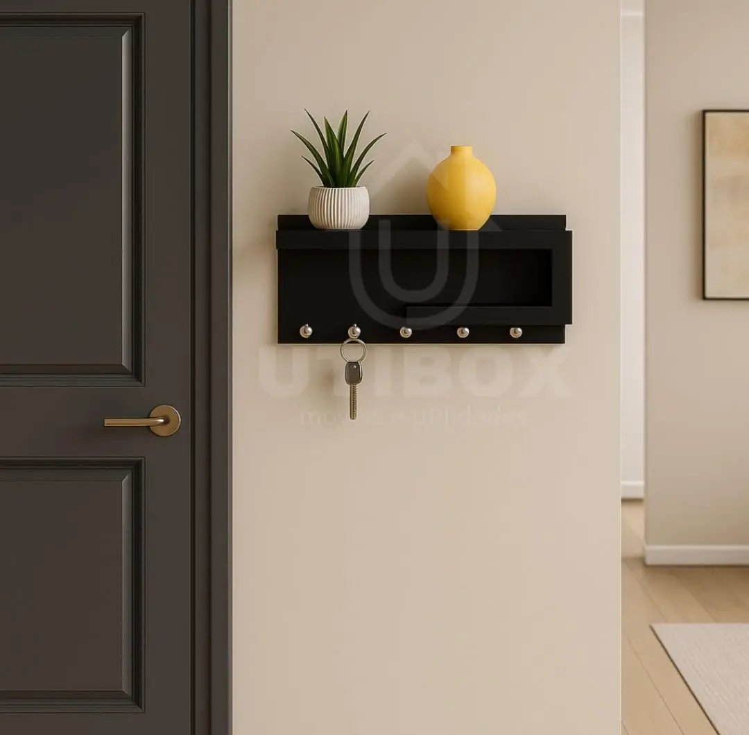 Porta Chaves de MDF com Prateleiras e Ganchos (preto)
