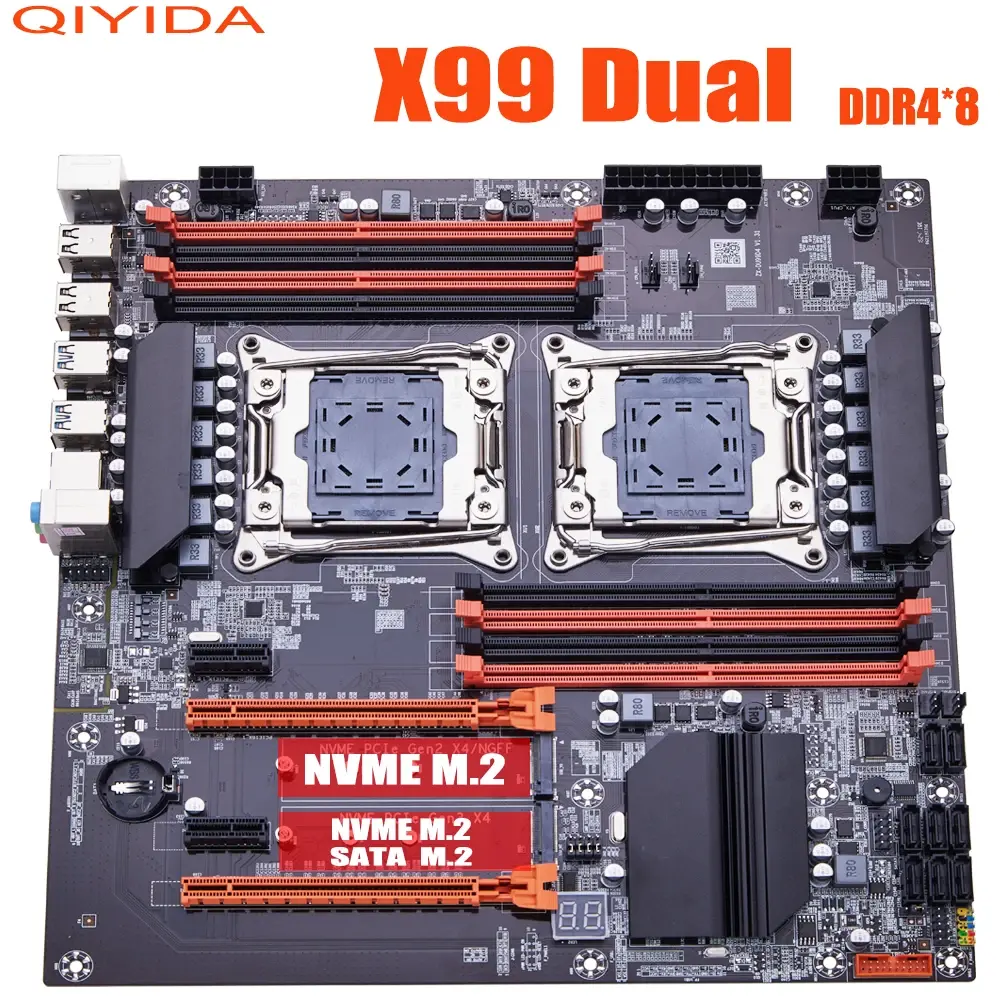 Placa-Mãe QIYIDA X99 Dual X99 C612 Suporta CPU LGA 2011-3, RAM DDR4, NVME NGFF M.2, USB3.0, SATA3.0, PCI16X