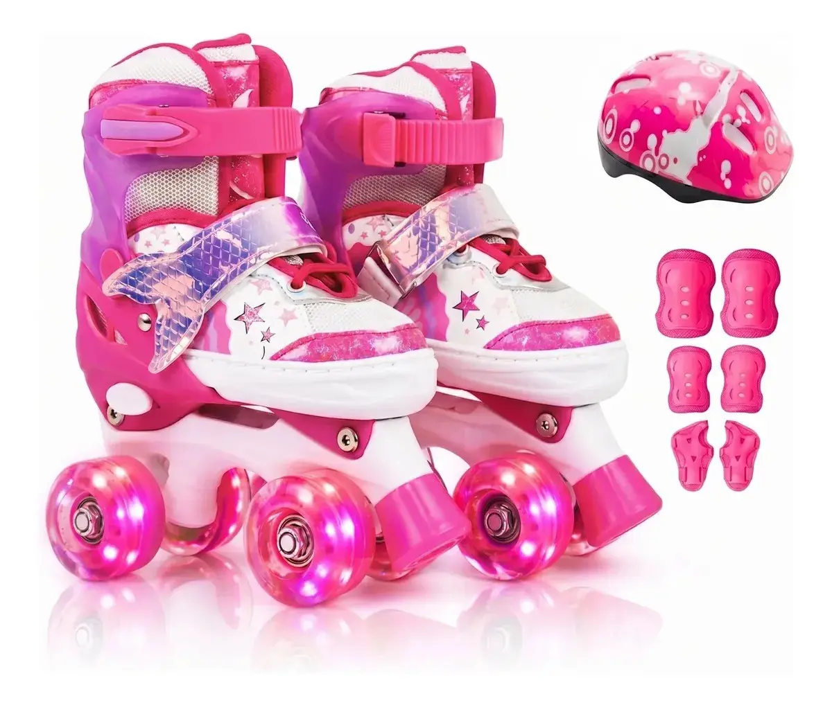 Patins Infantil 4 Rodas Sereia Ajustável Kit Proteção Menina Rosa - (m) - 1